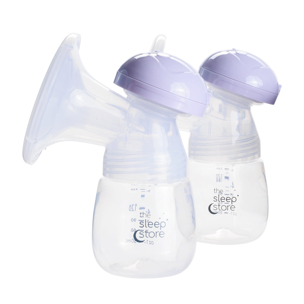 Two breast pumps with purple tops on a white background, branded 'the sleep store'.