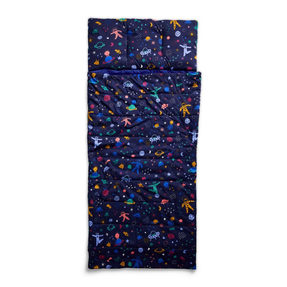 Portable sleep mat with galaxy print on a white background