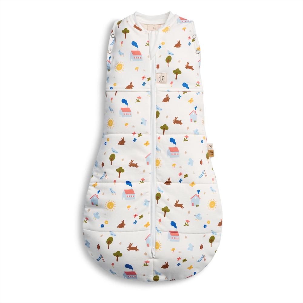 White baby sleeping bag with bunnies on a white background