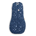 Blue baby sleeping bag with galaxy pattern on a white background