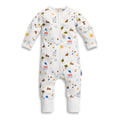 Baby onesie with colorful animal and nature pattern on a white background