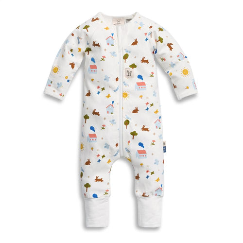 Baby onesie with colorful animal and nature pattern on a white background