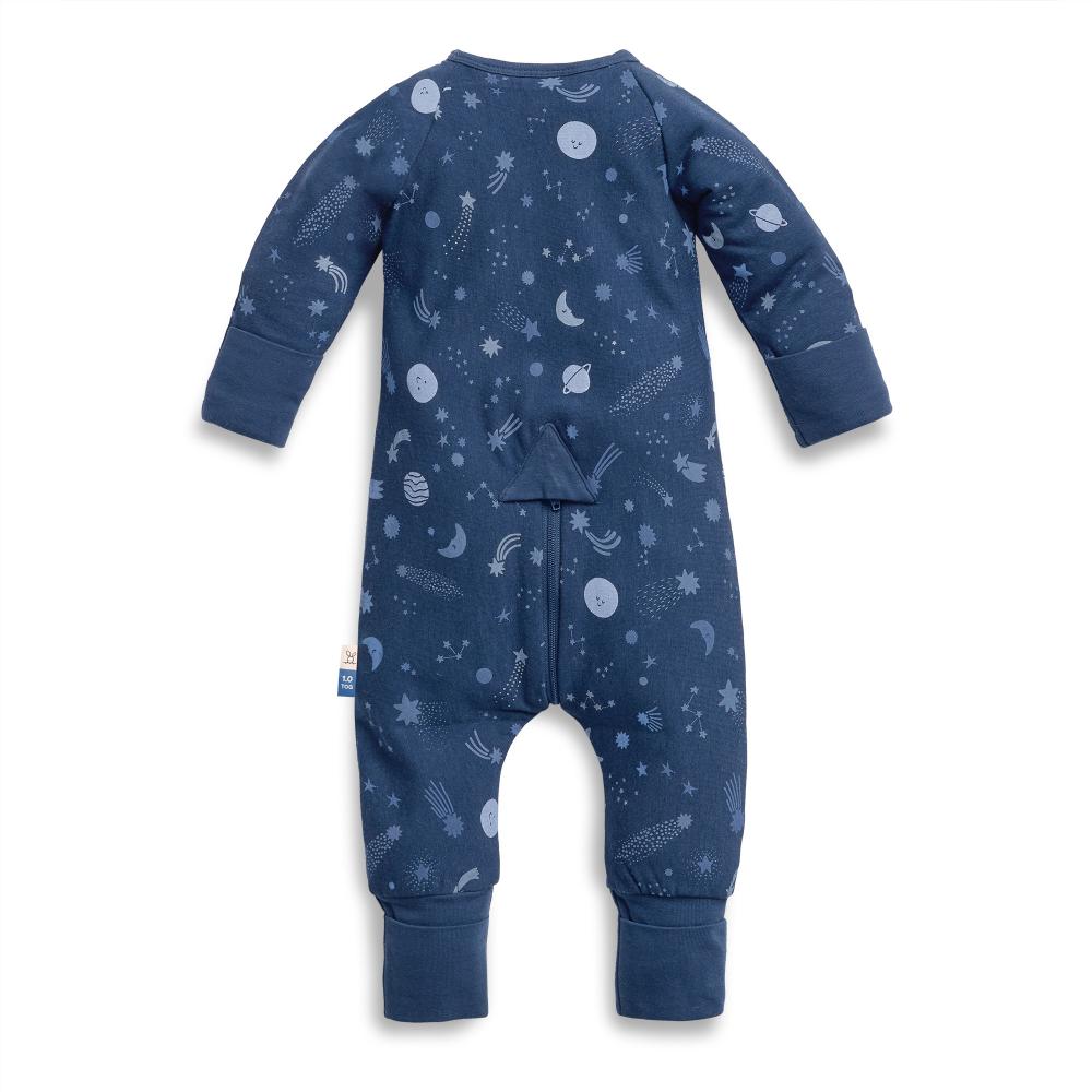 Blue baby onesie with space-themed print on a white background