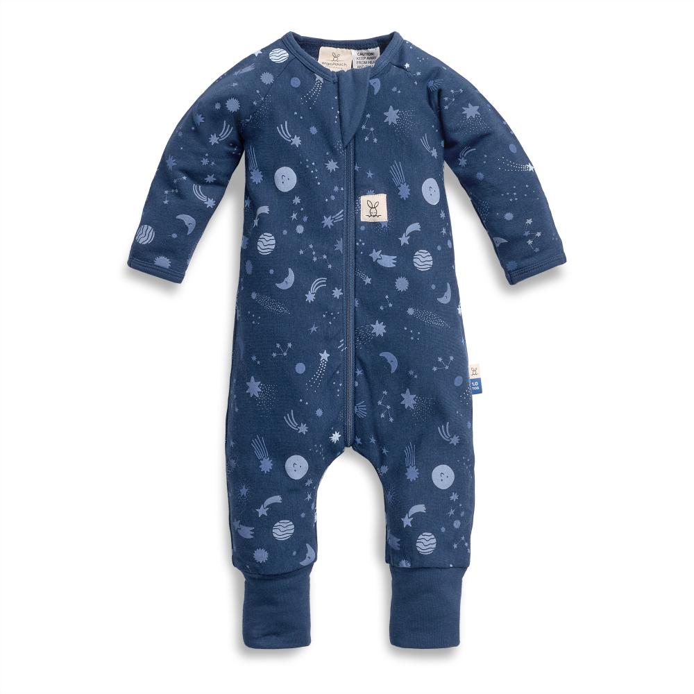 Blue baby onesie with space-themed print on a white background