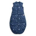 Blue baby sleeping bag with space-themed pattern on a white background