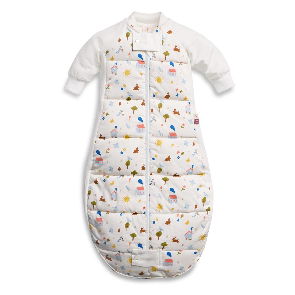 White baby sleeping bag with bunnies on a white background