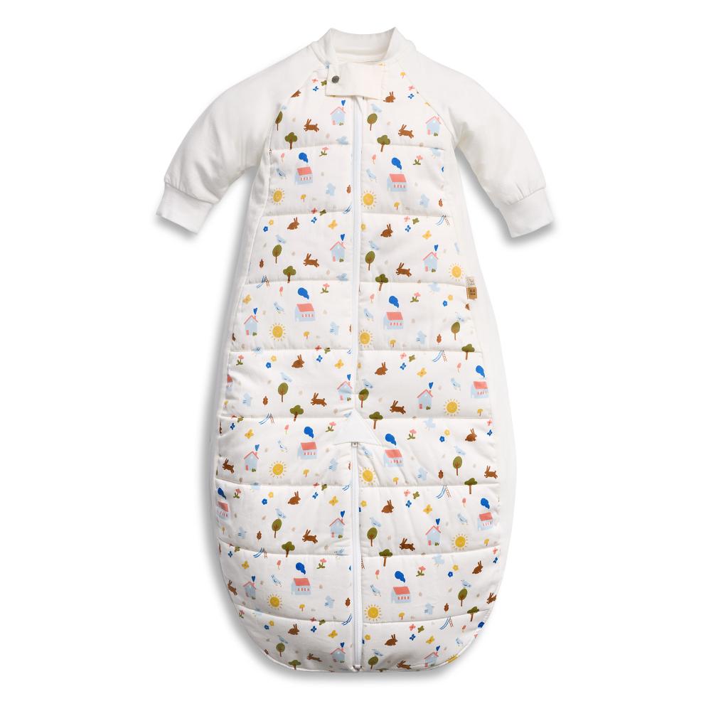 Baby sleeping bag with colorful pattern on a white background