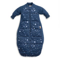 Blue baby sleeping bag with space-themed pattern on a white background