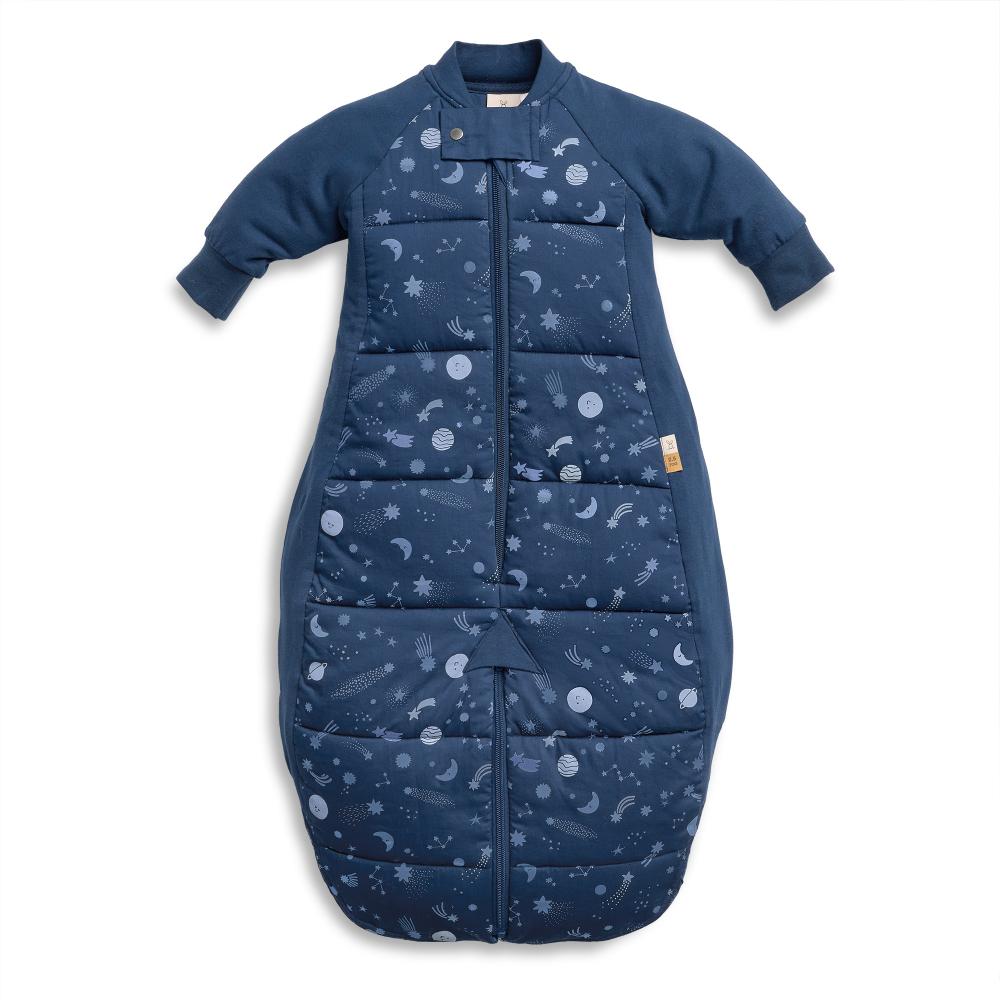 Blue baby sleeping bag with space-themed pattern on a white background