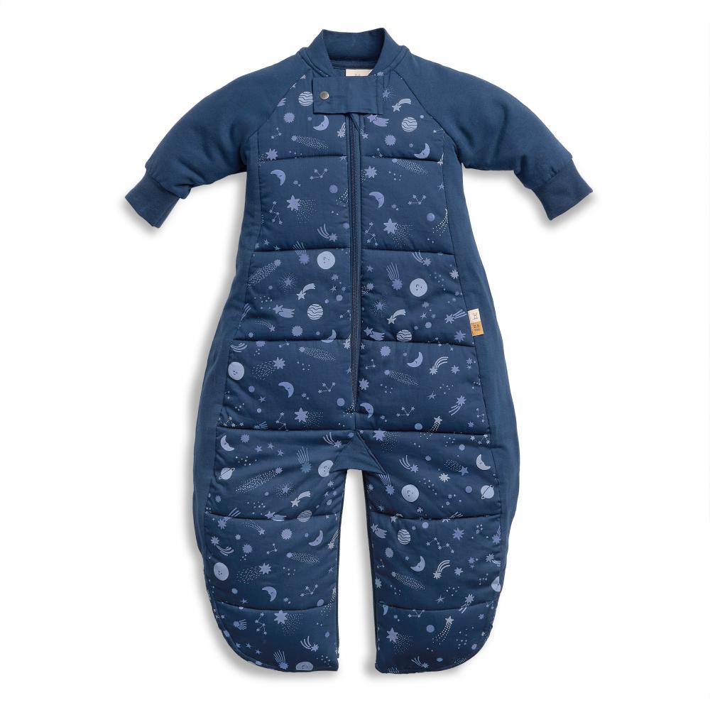 Blue baby sleepsuit with space-themed pattern on a white background