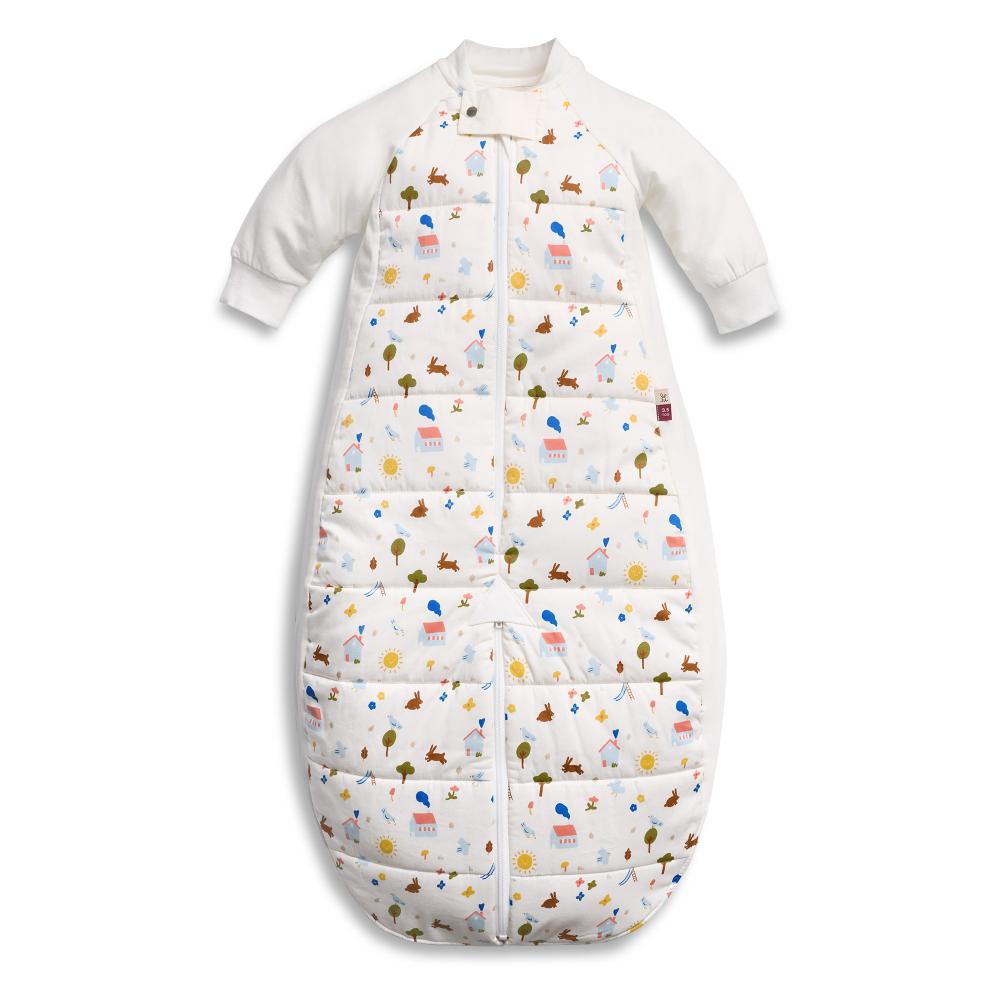 White baby sleeping bag with bunnies on a white background