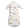 White baby sleeping bag with sleeves with bunnies on a white background
