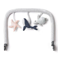 Baby play gym with shark, turtle, and starfish toys on a white background