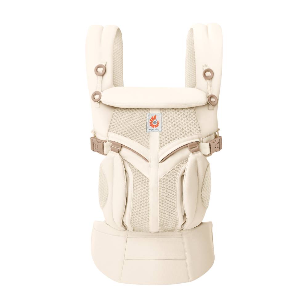Beige baby carrier with mesh design on a white background