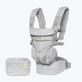 Gray baby carrier with matching pouch on a white background