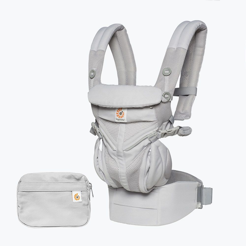Gray baby carrier with matching pouch on a white background