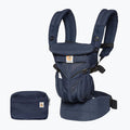 Navy blue baby carrier with matching pouch on a white background