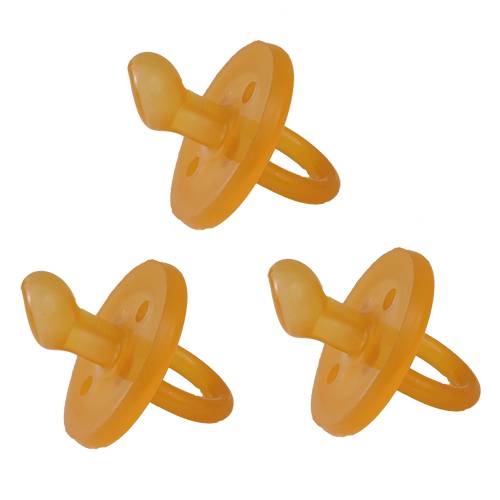 Orange Ecopiggy pacifier against white background.