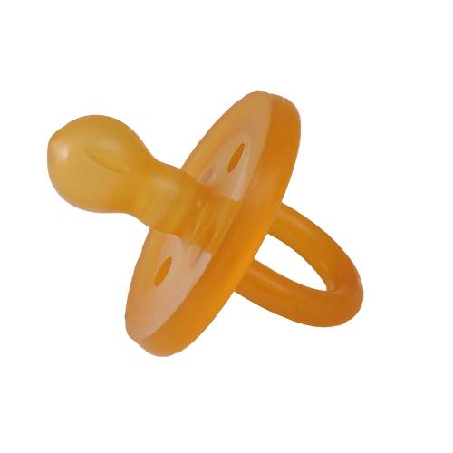 Orange Ecopiggy pacifier against white background.