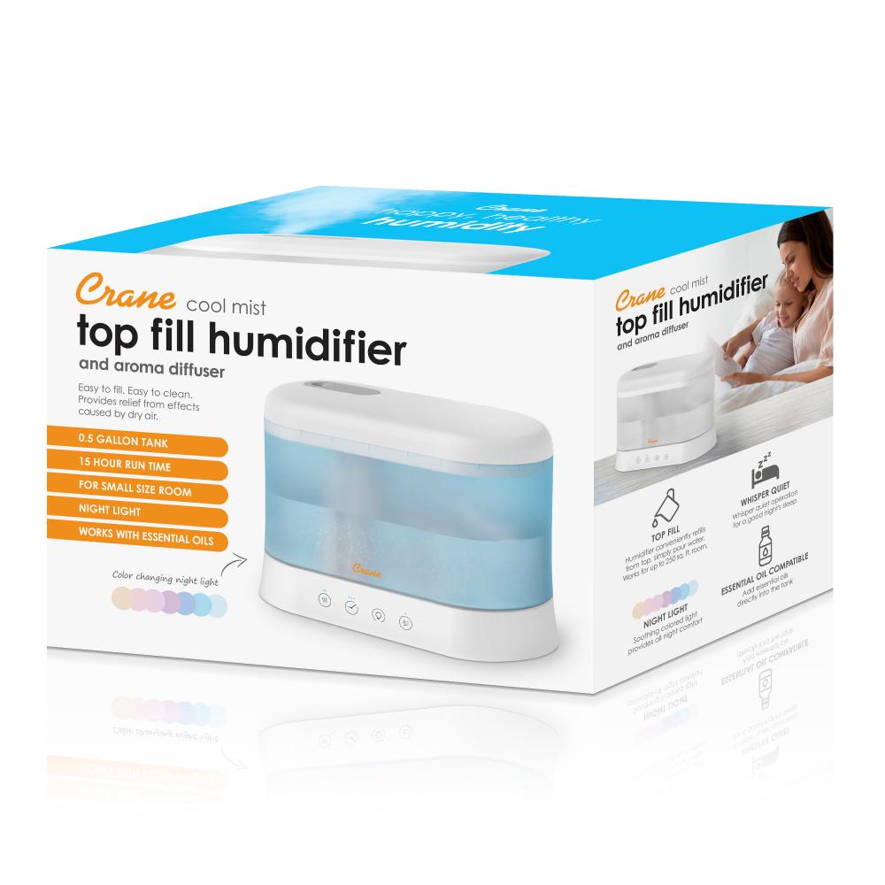 Box of Crane cool mist top fill humidifier with product image and features on a white background