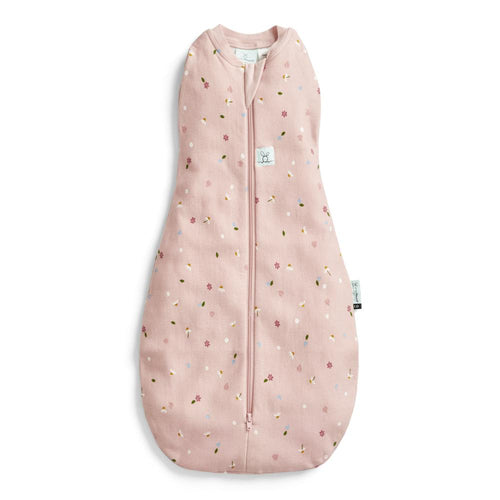 Pink baby swaddle bag with floral pattern on a white background