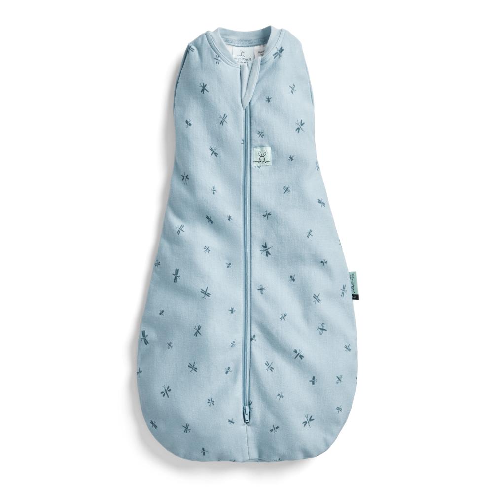 Light blue baby sleeping bag with zip and subtle pattern on a white background