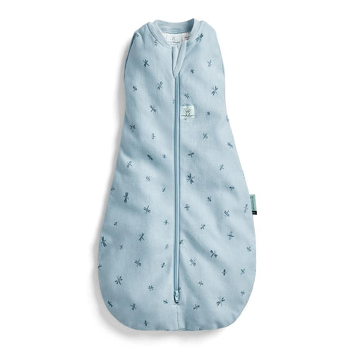 Light blue baby sleeping bag with zip and subtle pattern on a white background
