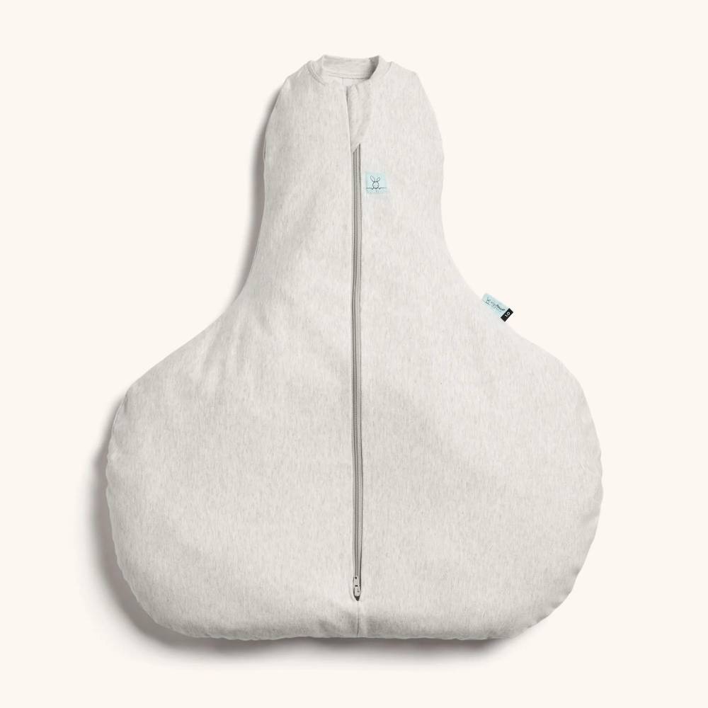 Grey baby sleeping bag for hip dysplasia on a white background
