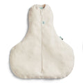 Beige baby sleeping bag for hip dysplasia with a zipper on a white background
