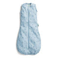Blue baby sleeping bag with a pattern on a white background