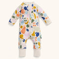 Colorful baby onesie with fruit pattern on a white background