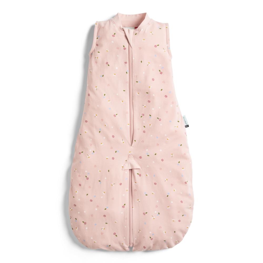 Pink baby sleeping bag with colorful patterns on a white background