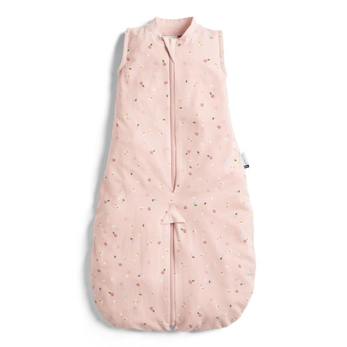 Pink baby sleeping bag with colorful patterns on a white background