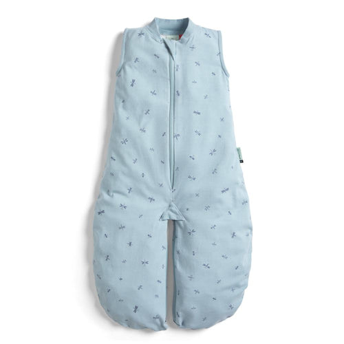 Light blue baby sleeping bag with subtle pattern on a white background