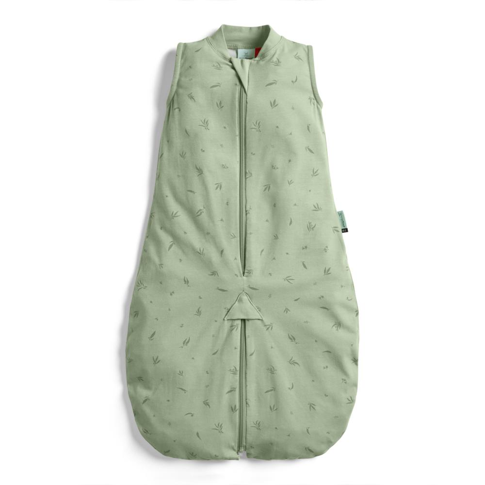 Green baby sleeping bag with subtle pattern on a white background