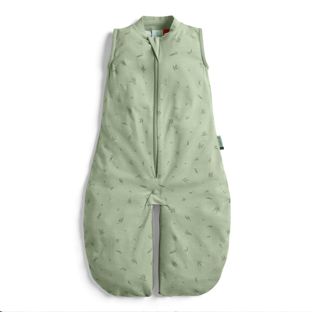 Green baby sleeping bag with subtle pattern on a white background