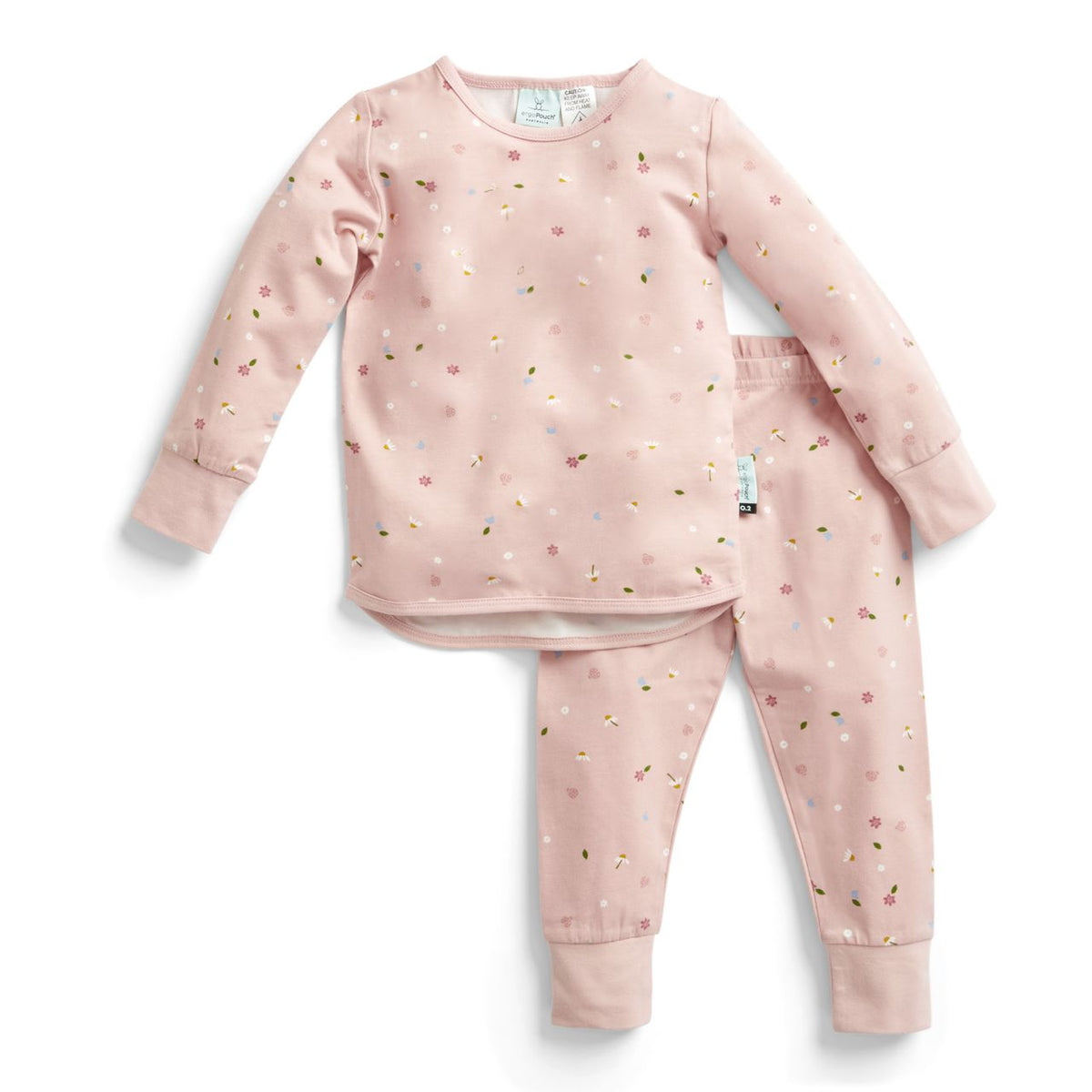 Children's pink pajama set with small patterns on a white background