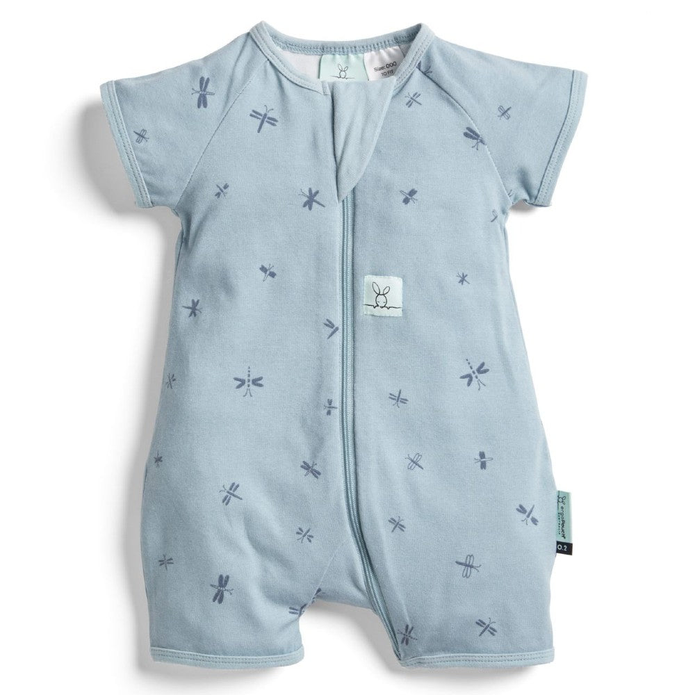 Light blue baby romper with dragonfly pattern on a white background
