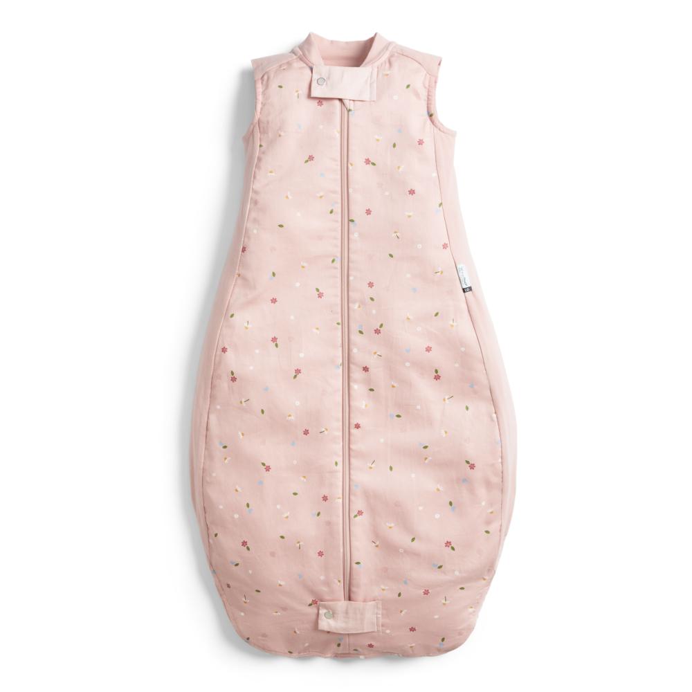 Pink baby sleeping bag with floral pattern on a white background