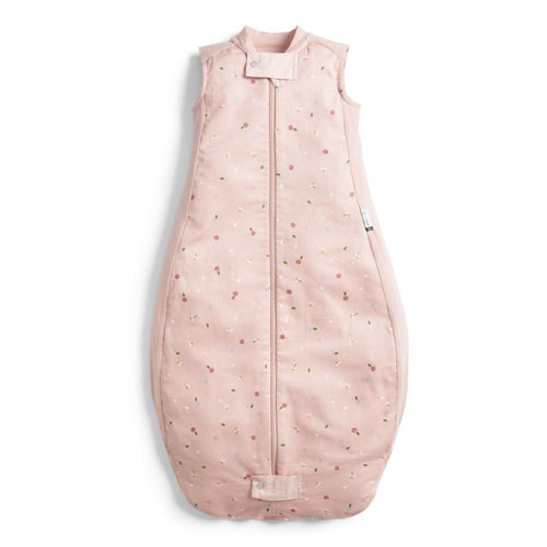 Pink baby sleeping bag with floral pattern on a white background