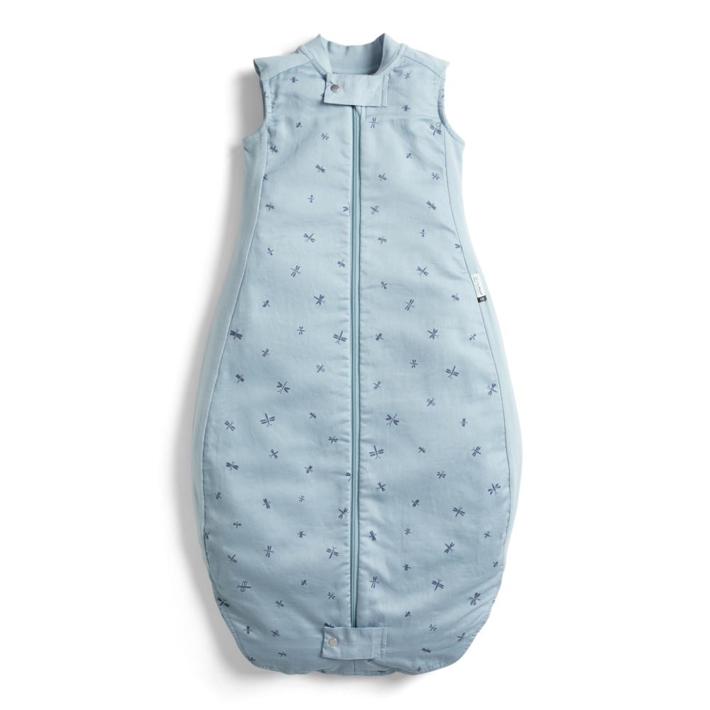 Light blue baby sleeping bag with subtle pattern on a white background