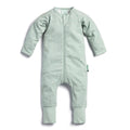 Light green baby onesie with a zipper on a white background