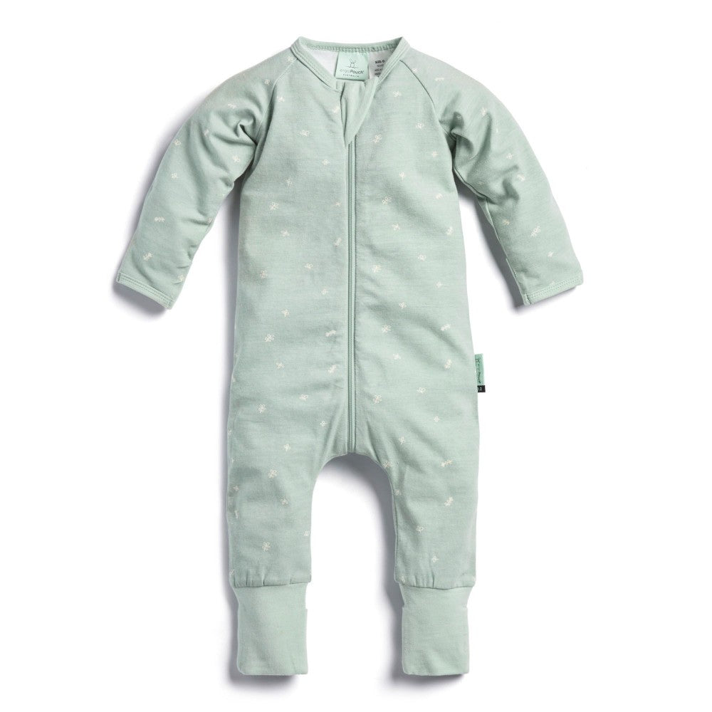 Light green baby onesie with a zipper on a white background