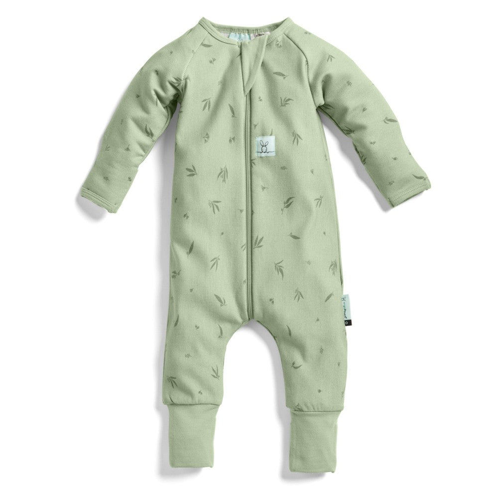 Green baby onesie with a subtle pattern on a white background