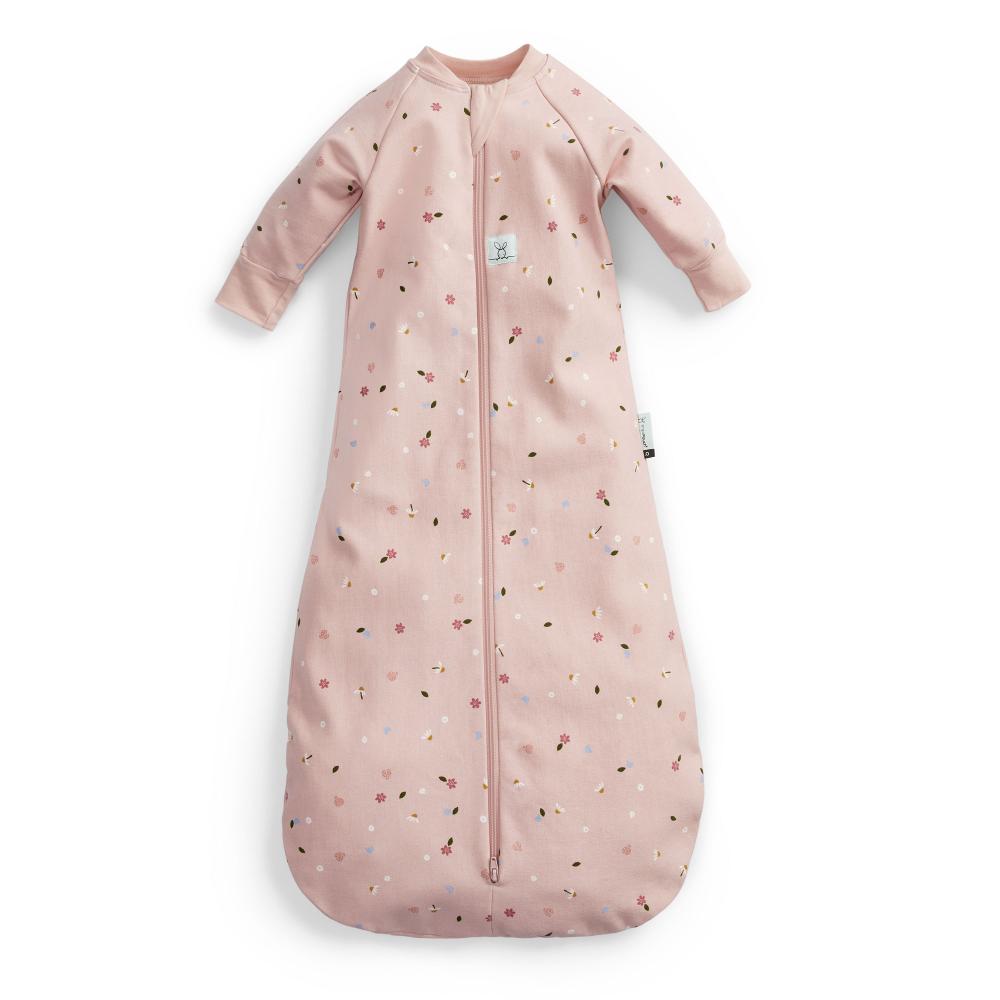 Pink baby sleeping bag with long sleeves with floral pattern on a white background