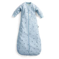 Blue baby sleeping bag with long sleeves with dragonfly pattern on a white background