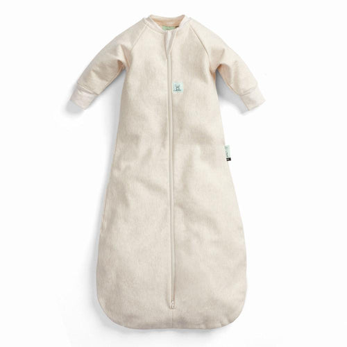 Beige baby sleeping bag with sleeves on a white background