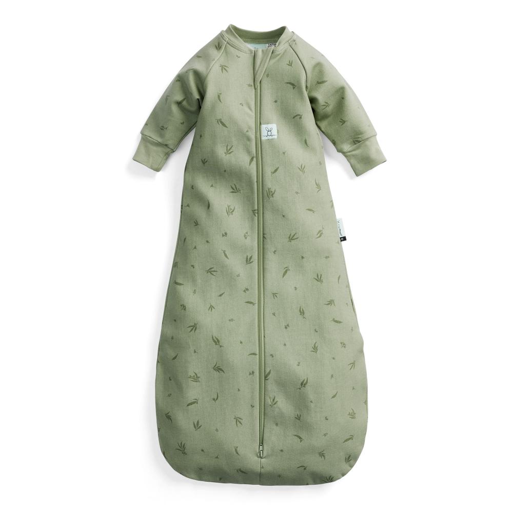 Green baby sleeping bag with long sleeves with a pattern on a white background