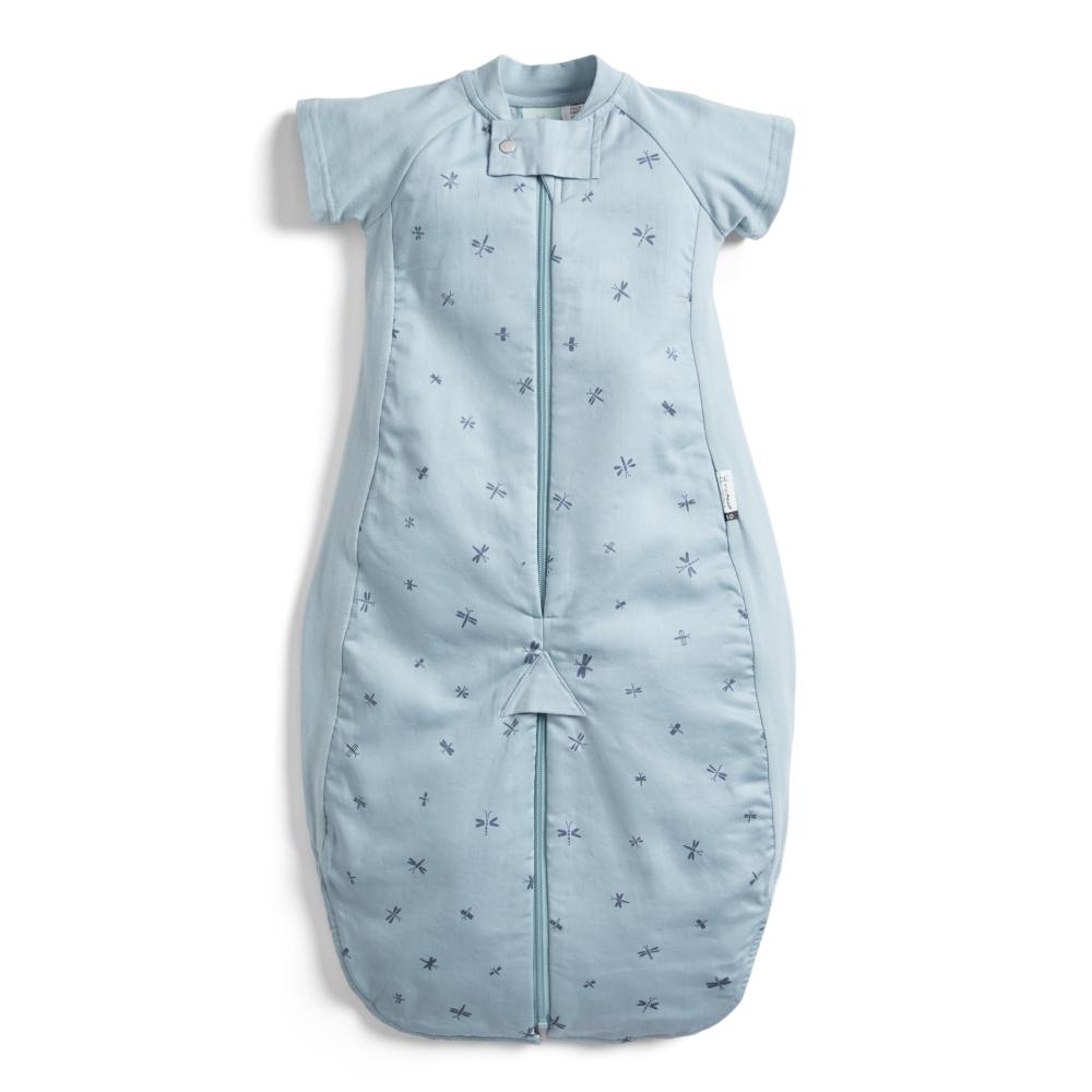 Light blue baby sleeping bag with subtle pattern on a white background