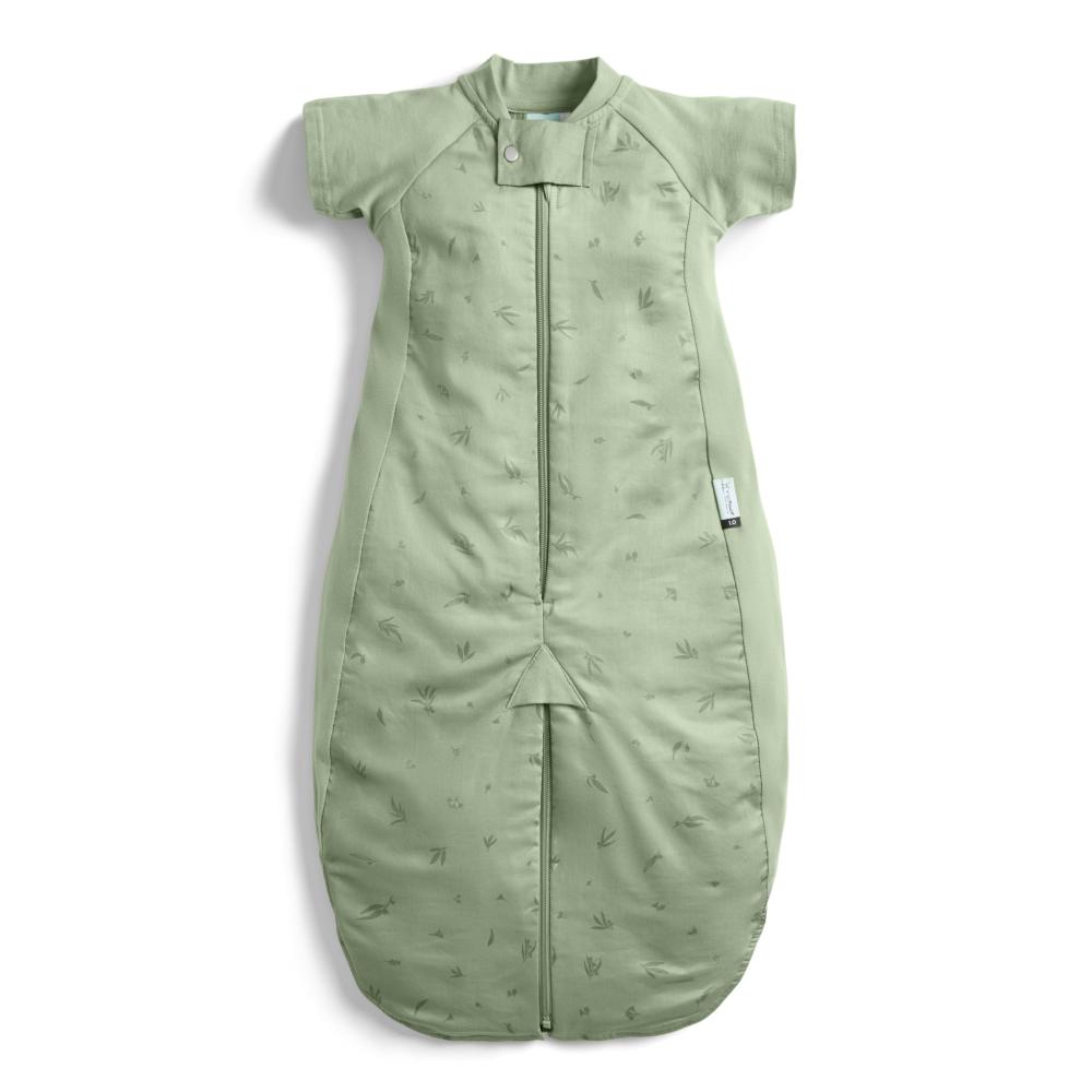 Green baby sleeping bag with shoulder straps on a white background